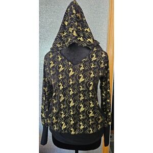 BABY PHAT Gold Metallic‎ Cat Print V-Neck Hoodie Long Sleeve Pullover Sweatshirt